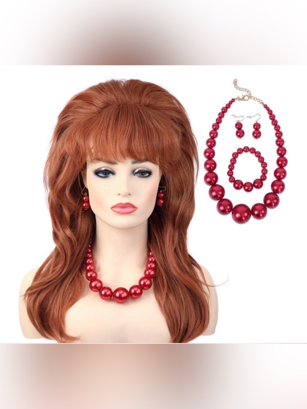AMZCOS Women 80s Beehive 21" Ginger Wig + Pearl Jewelry Set NWT